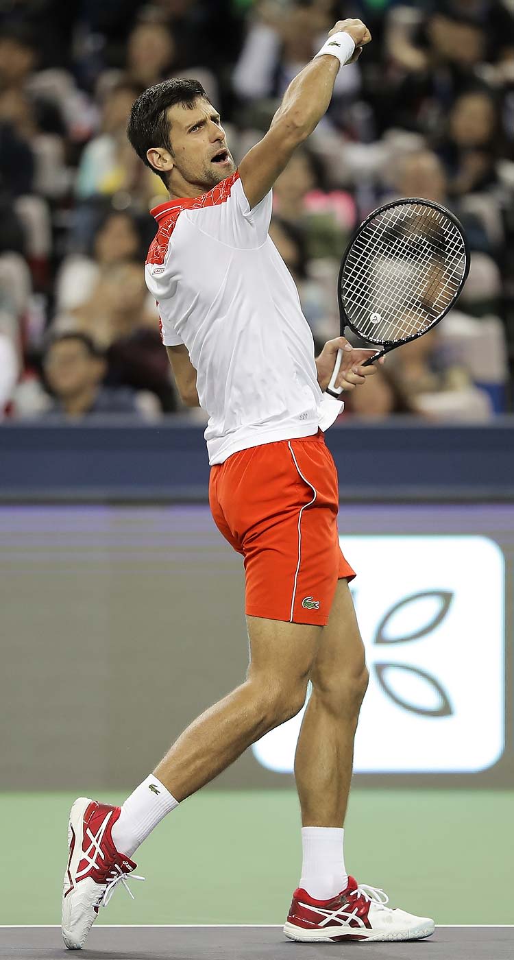 Djokovic celebrating a point during his 2018 title run at the Rolex Shanghai Masters.
