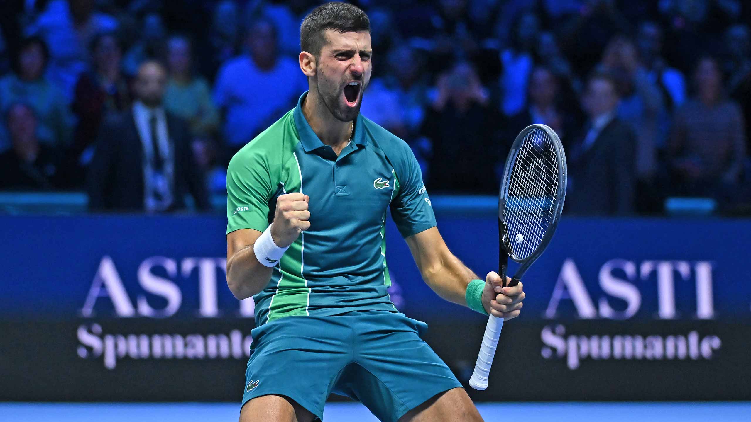Djokovic celebrates winning a record seventh Nitto ATP Finals title in 2023 in Turin.